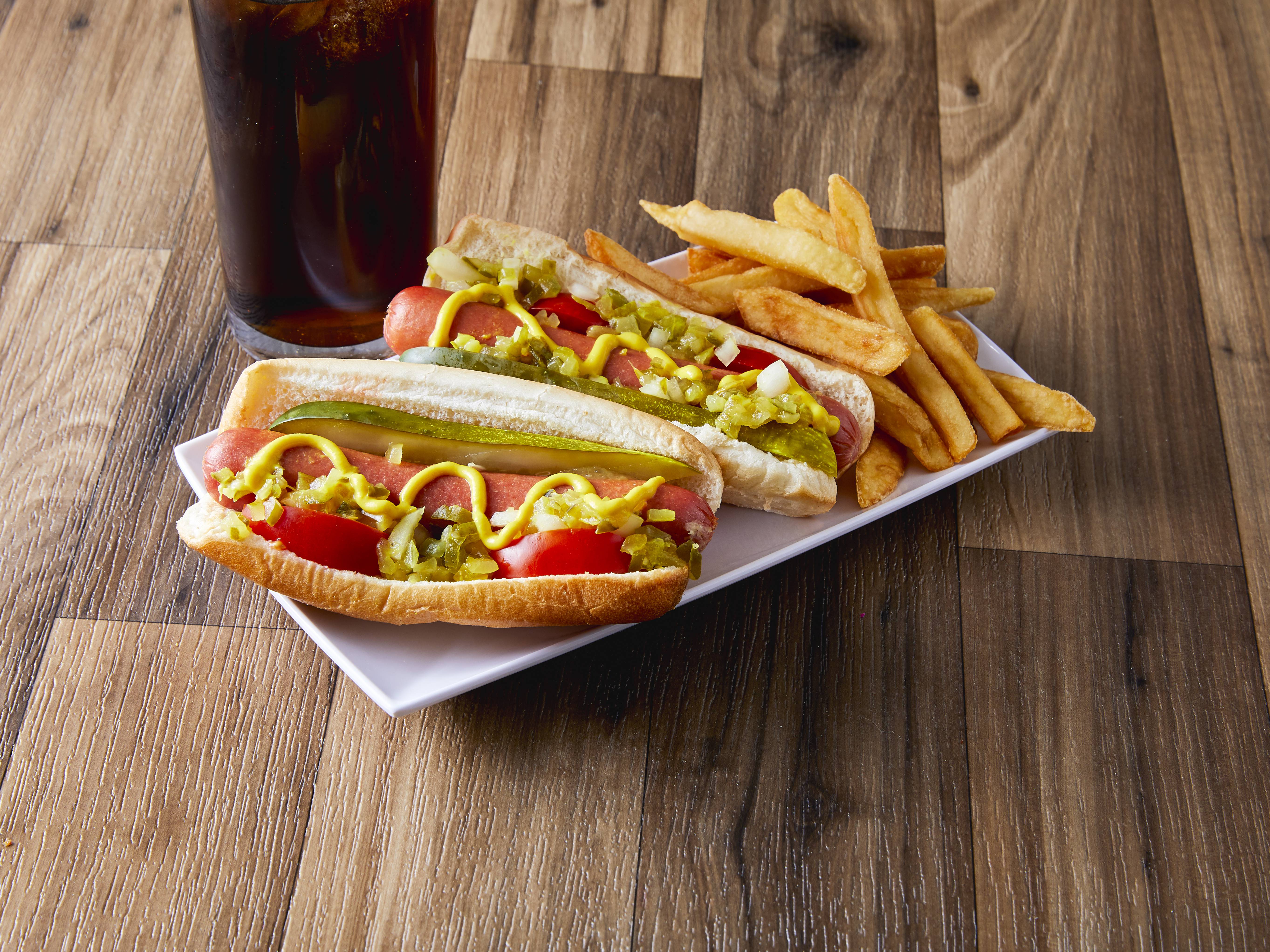 Order 1. Two Hot Dogs with Fries and Pop food online from Munchies gyros & pizza store, Chicago on bringmethat.com
