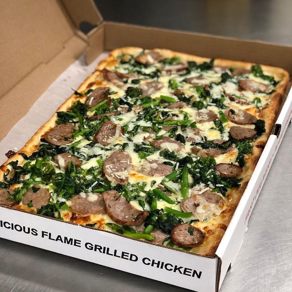 Order Broccoli Rabe & Sausage Pan Pizza - 17'' food online from Planet Pizza store, Ridgefield on bringmethat.com