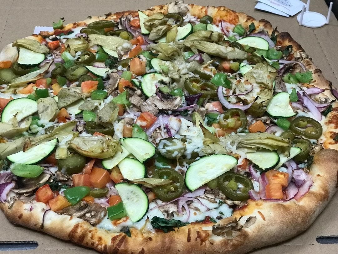 Order Gourmet Veggie Pizza - Personal 8'' food online from Pizza My Dear store, Las Vegas on bringmethat.com