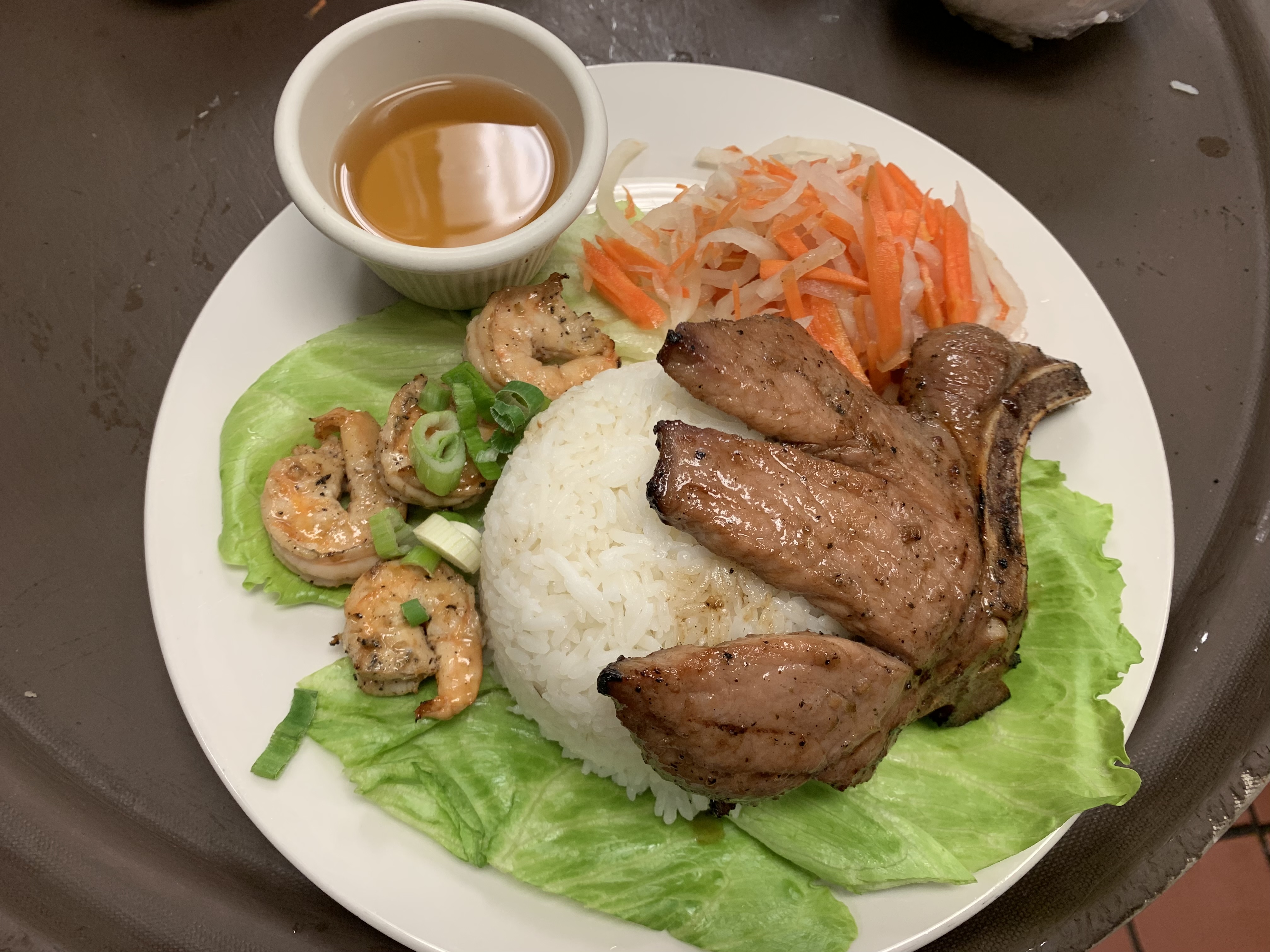 Order 40. Com Suon-Tom Nuong/Pork Chop & Shrimp food online from Vietnam Grille store, Charlotte on bringmethat.com