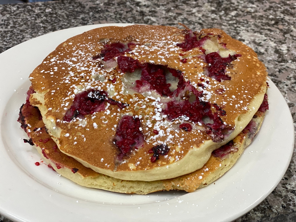 Order 2 RASPBERRY BUTTERMILK PANCAKES food online from Meeting Street Cafe store, Providence on bringmethat.com