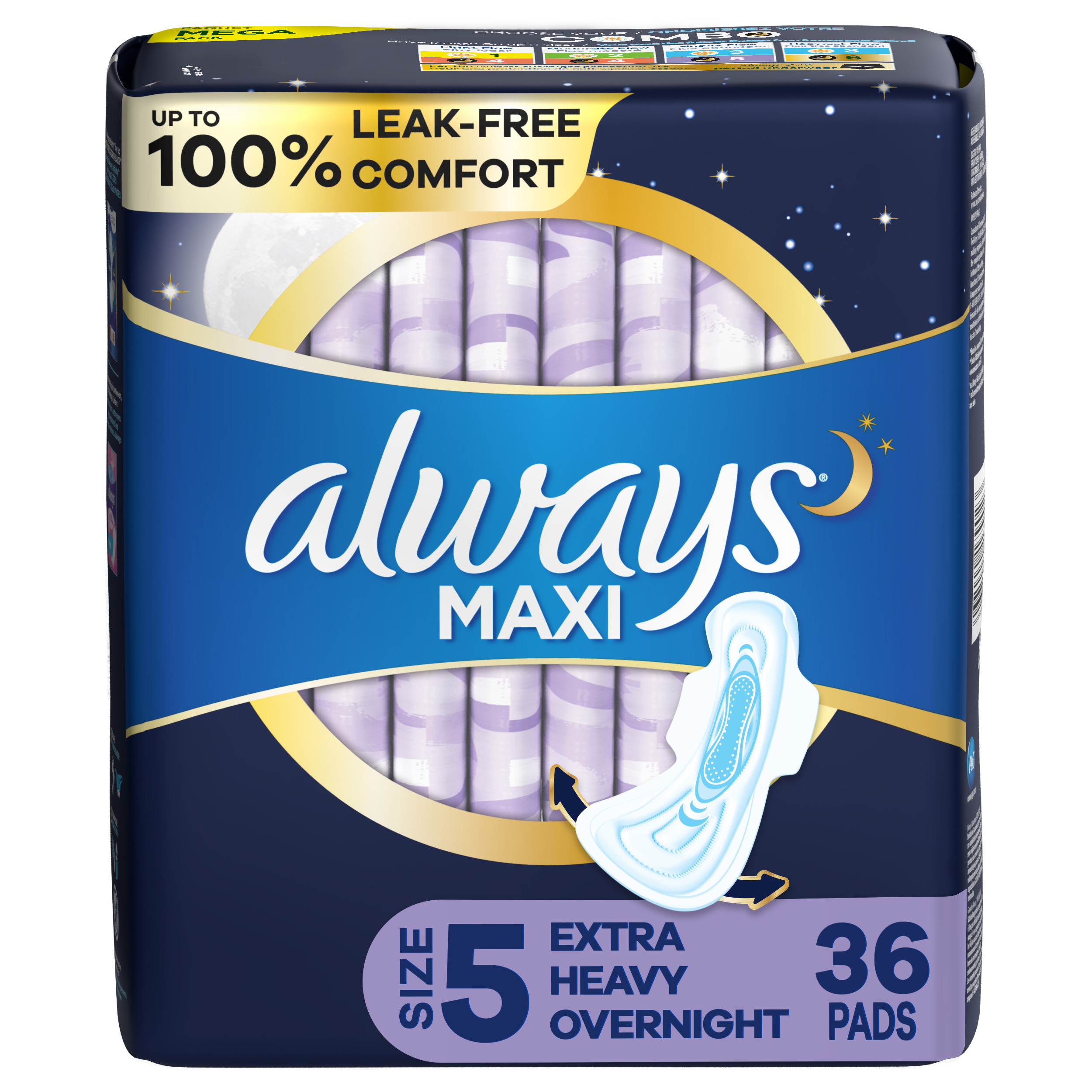 Order Always Maxi Extra Heavy Overnight Pads with Flexi-Wings - Unscented, Size 5, 36 ct food online from Rite Aid store, READING on bringmethat.com