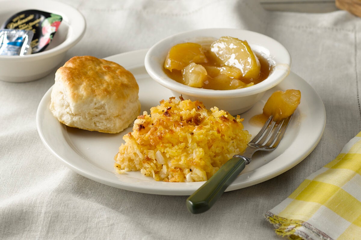 Order Hashbrown Casserole, Fried Apples n' Biscuit food online from Cracker Barrel Old Country Store store, Adairsville on bringmethat.com