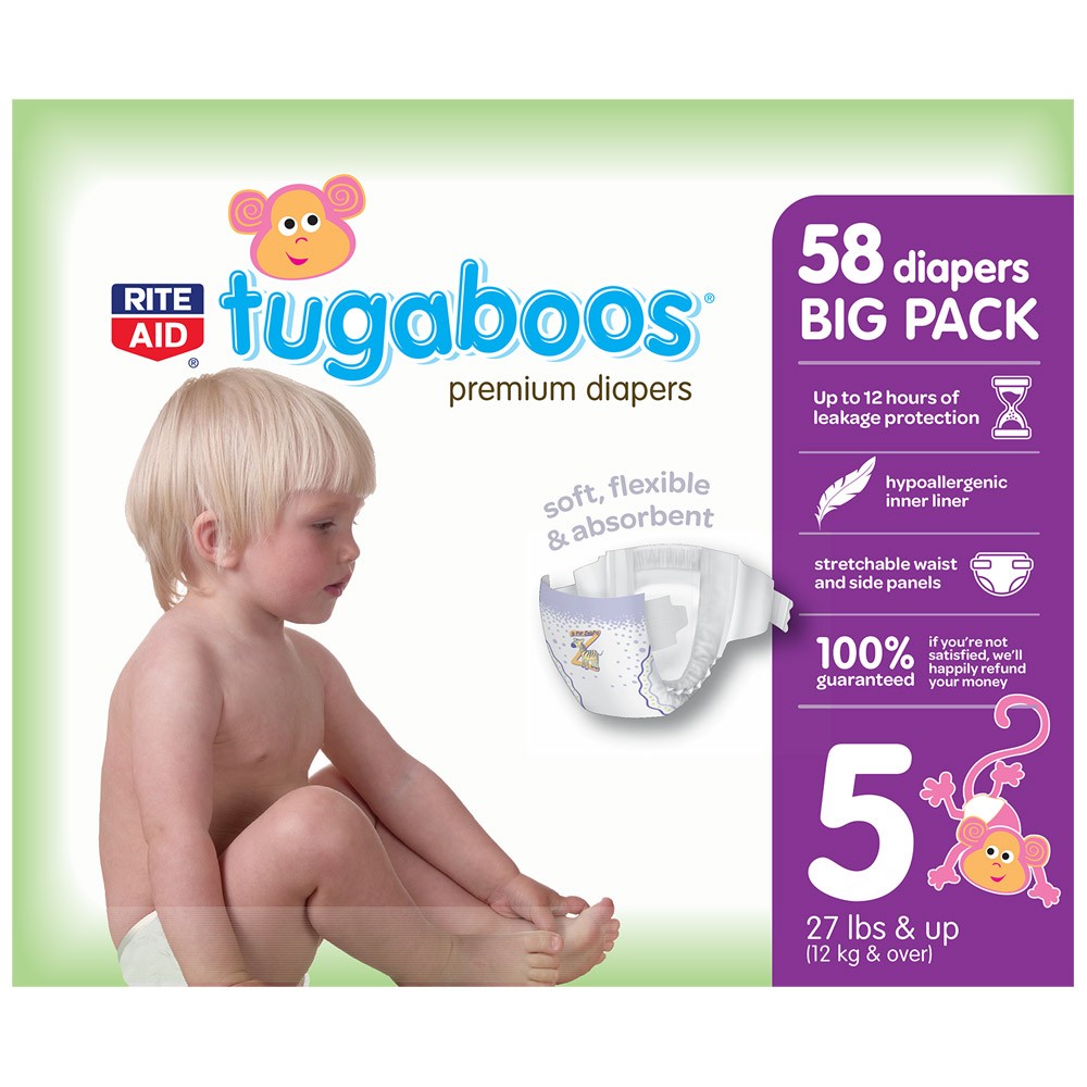 Order Rite Aid Tugaboos Premium Diapers, Big Pack, Size 5 - 58 ct food online from Rite Aid store, READING on bringmethat.com