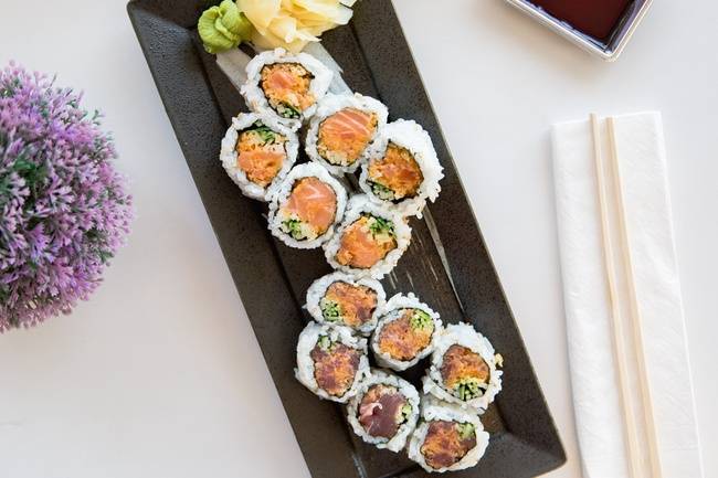 Order Spicy Tuna & Spicy Salmon Roll (12 pc) food online from B Cafe store, Quincy on bringmethat.com