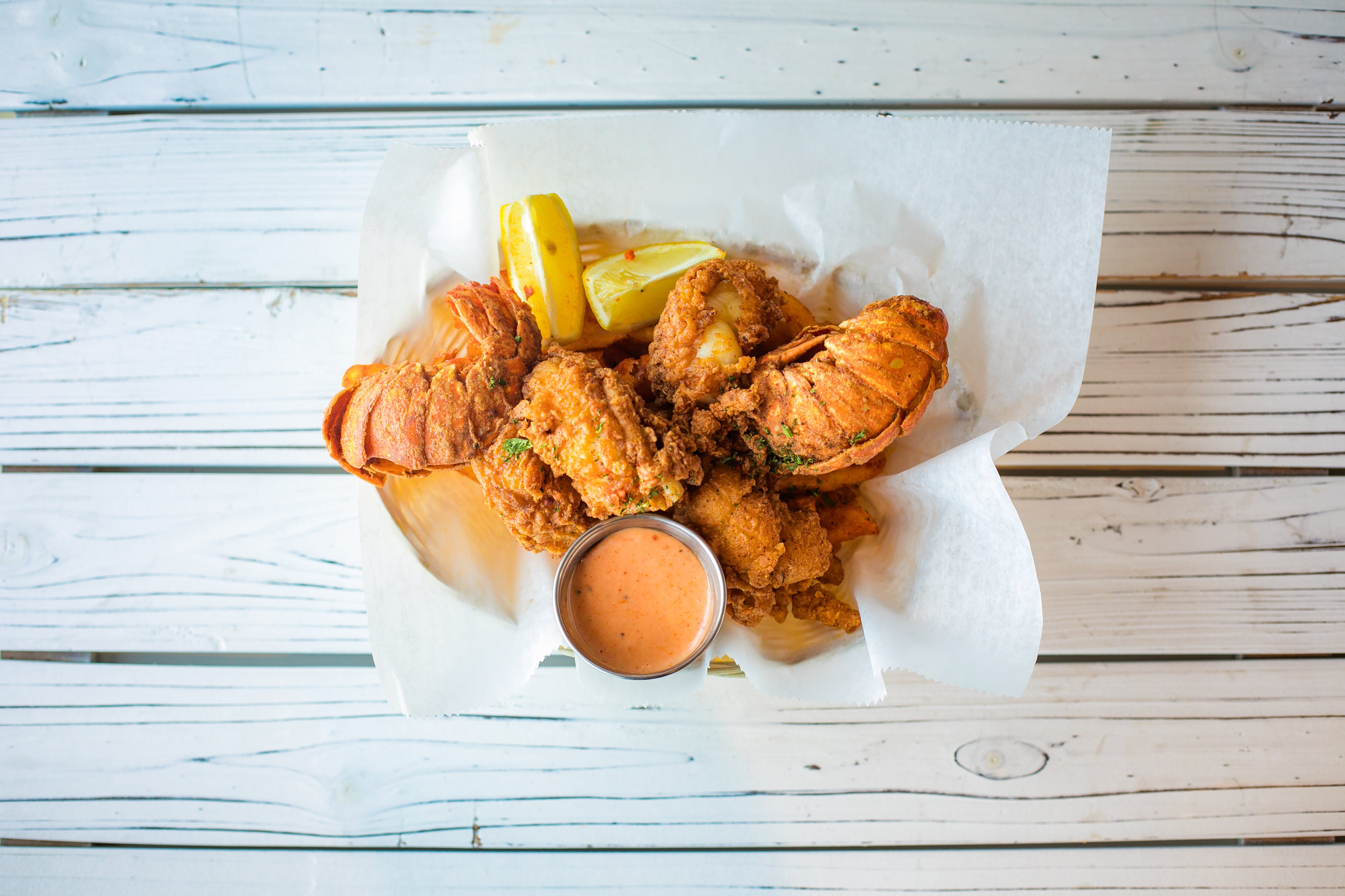 Order 2 Fried Lobster Tail Basket food online from Ben's Crab store, Uniondale on bringmethat.com