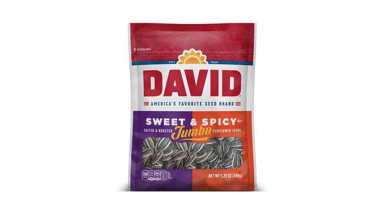 Order David Roasted And Salted Sweet And Spicy Jumbo Sunflower Seeds food online from Shell Rock Spring store, Bel Air on bringmethat.com