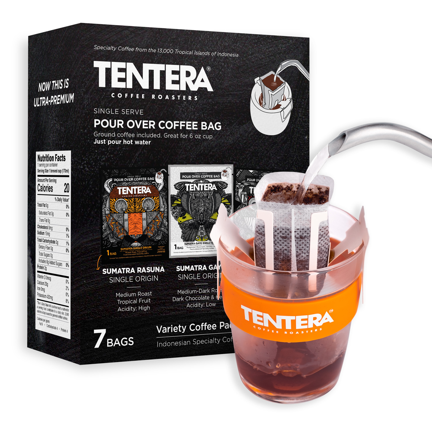 Order Pour Over Coffee Bags - Variety Box (7 packs) Indonesian Coffee food online from Tentera Coffee Roasters store, Los Angeles on bringmethat.com