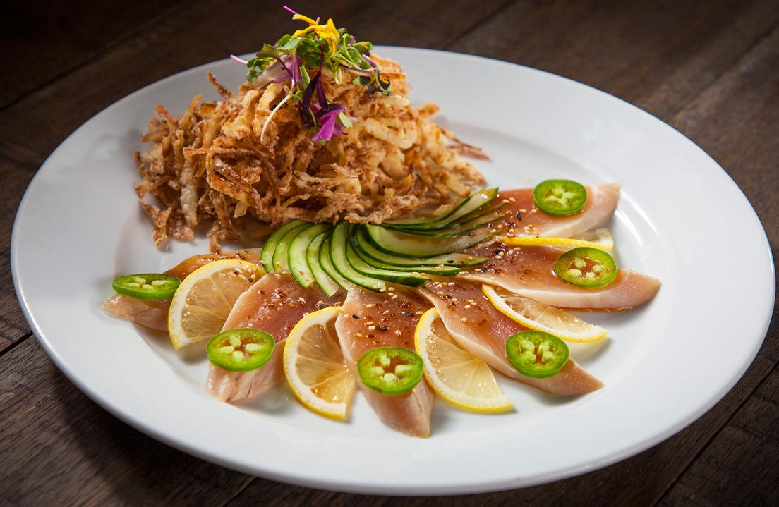 Order Crunch Onion Albacore food online from California Rock'n Sushi store, Los Angeles on bringmethat.com