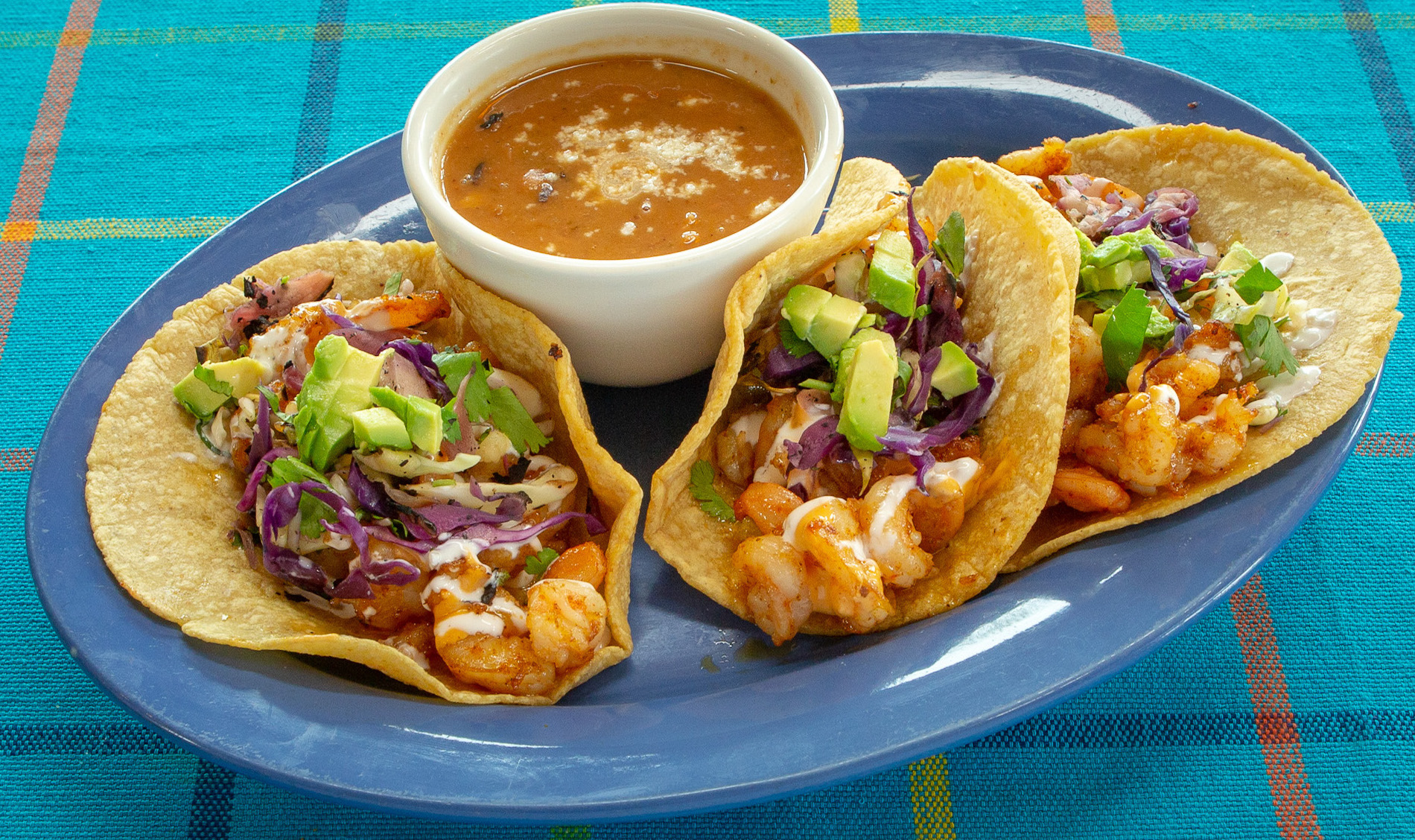 Order Shrimp Taco Trio food online from Ortega Mexican Bistro store, San Diego on bringmethat.com