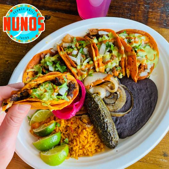 Order 5ct STREET TACO PLATE corn tortillas *multiple proteins food online from Nuno's Tacos & Vegmex Grill store, Dallas on bringmethat.com