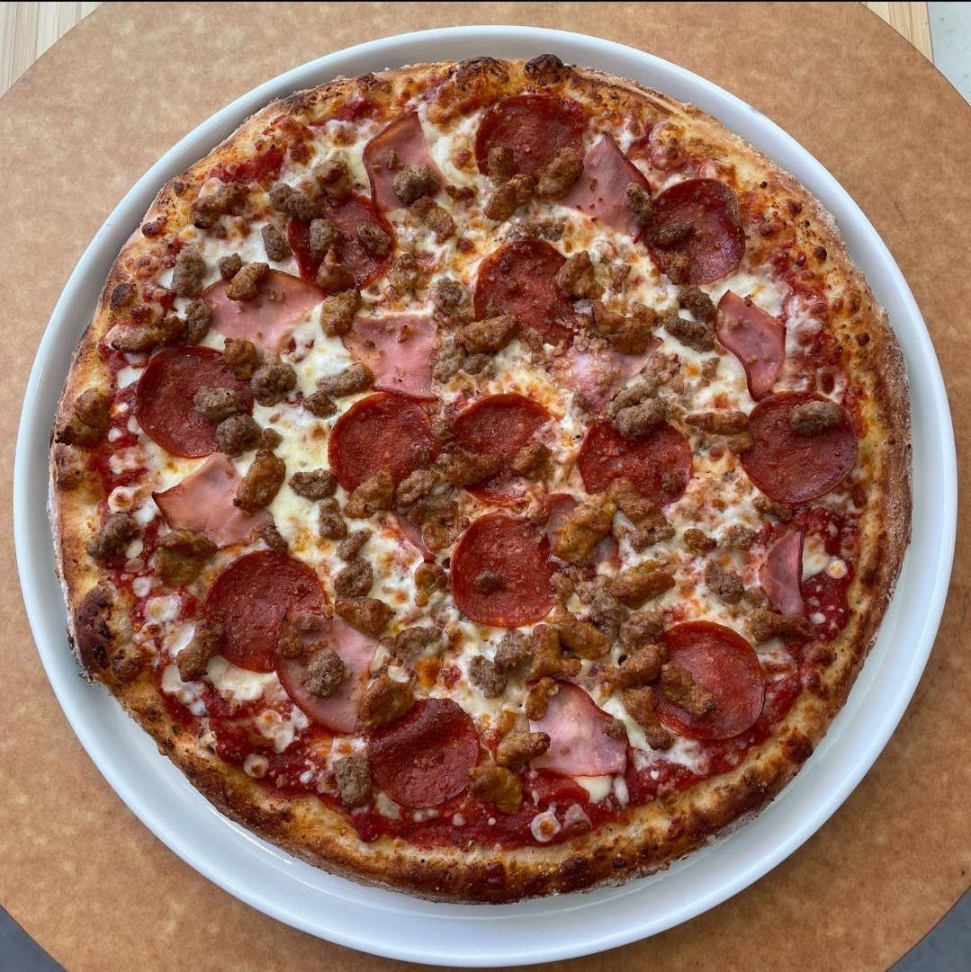 Order All The Meats Pizza - Small 8" food online from Pepperoni's Pizza store, Rosenberg on bringmethat.com