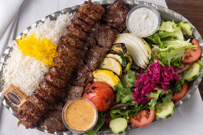 Order Soltani Kabob Plate food online from Naan Hut store, Los Angeles on bringmethat.com