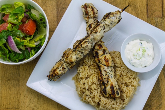 Order Grilled Chicken Souvlaki Platter (D,E,G) food online from Gyro Gyro store, Hartsdale on bringmethat.com