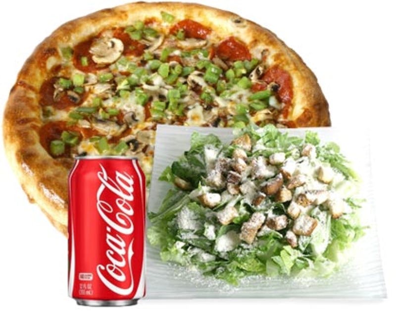 Order One Personal Pizza with Three Toppings, Small Caesar Salad & Can of Drink Lunch - Lunch food online from Crispy Crust store, Los Angeles on bringmethat.com