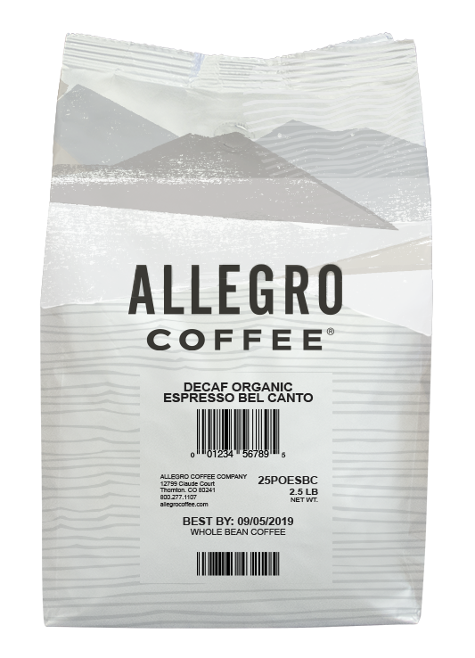 Order Decaf Organic Espresso Bel Canto (Whole Bean/ 2.5 lb.) food online from Allegro Coffee Company store, Wynnewood on bringmethat.com