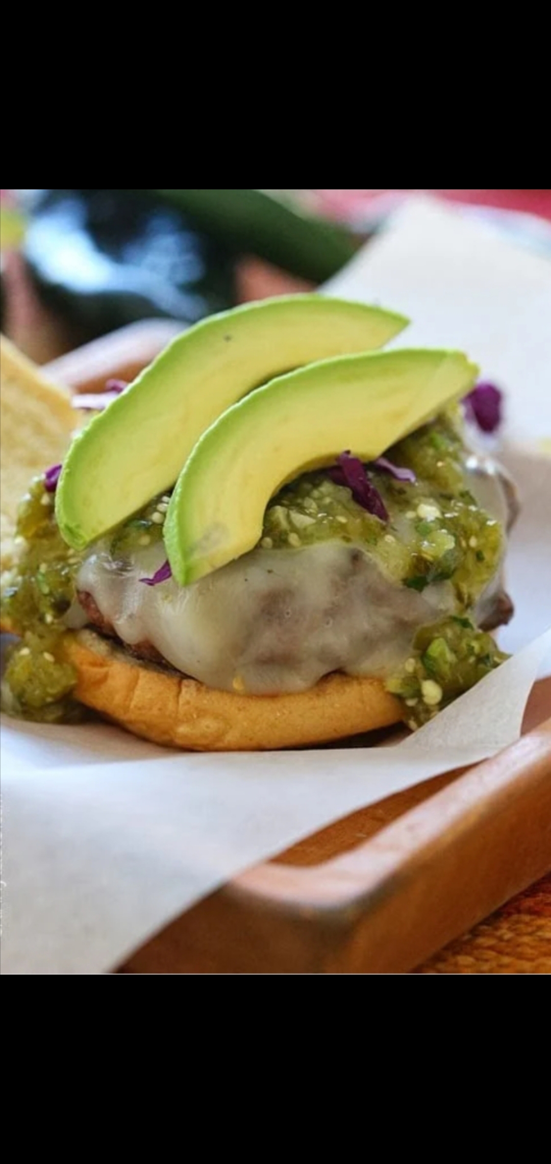 Order Salsa Verde Avocado 1/2 Pounder Cheese Burger Lettuce Tomatoes (cheese burger with avocado,green Mexican spicy salsa & pepper jack cheese) food online from American Gourmet Foods Deli store, New York on bringmethat.com