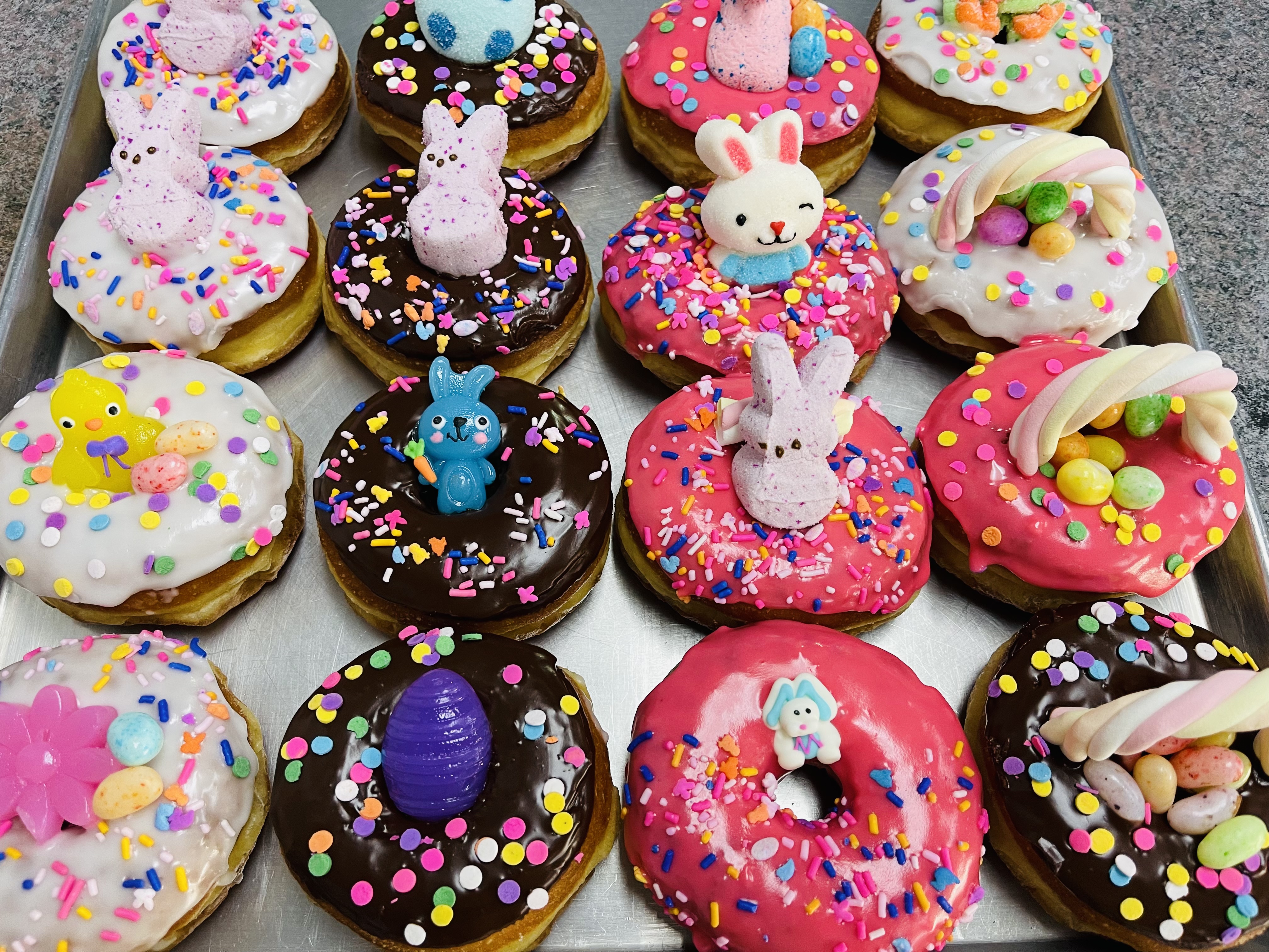 Order One dozen Easter donuts  food online from Jc Donuts store, Aliso Viejo on bringmethat.com