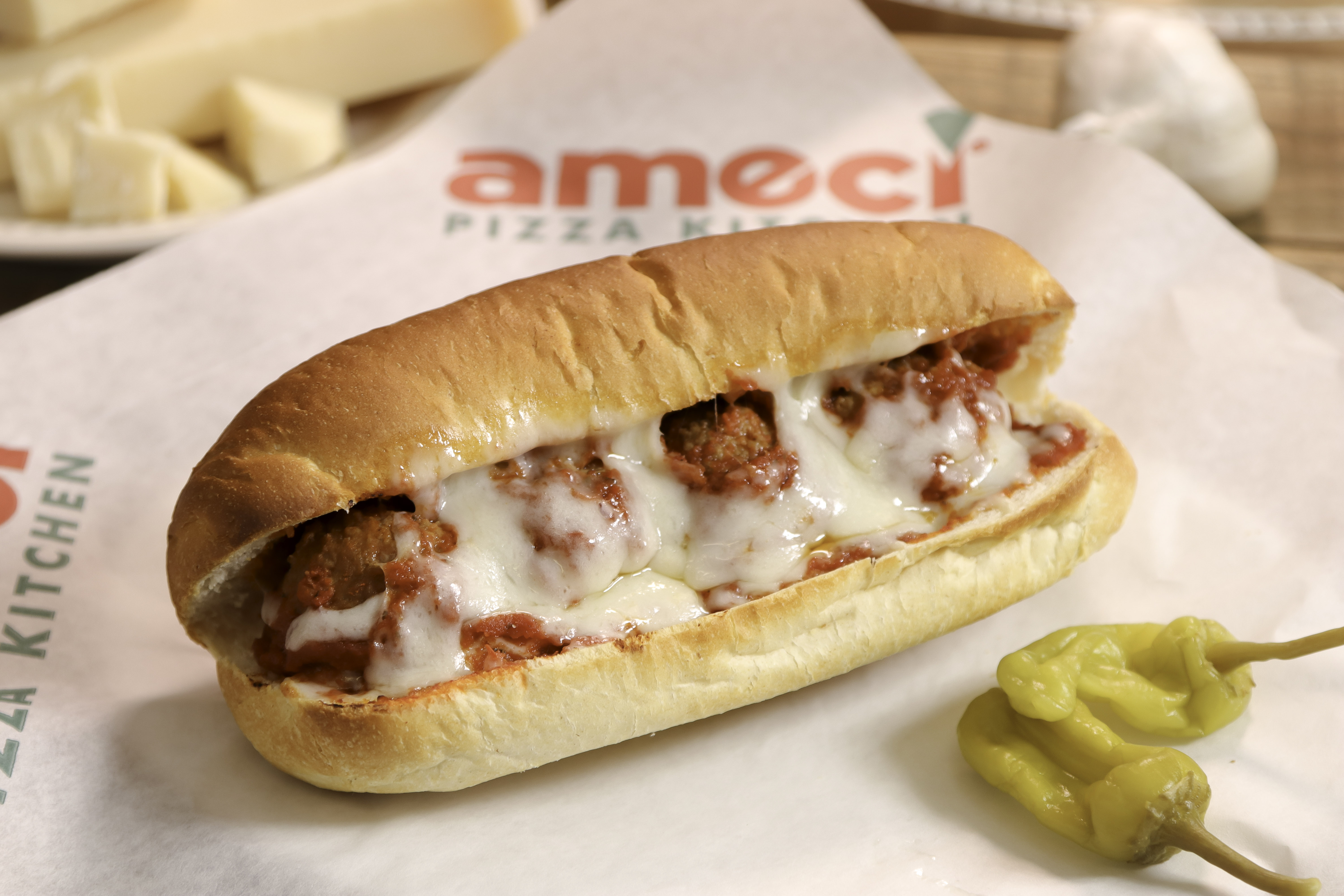 Order 7. Meatball Sandwich with Cheese Lunch food online from Ameci Pizza & Pasta store, Lake Forest on bringmethat.com