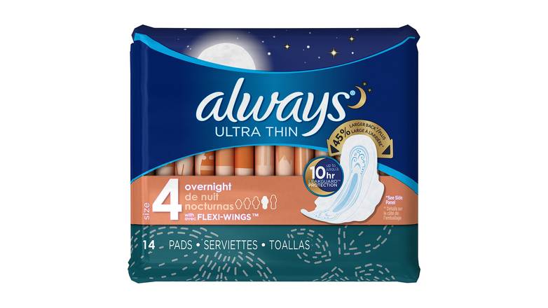 Order Always Ultra Thin Size 4 Wing Overnight Pads - 14 Count food online from Trumbull Mobil store, Trumbull on bringmethat.com