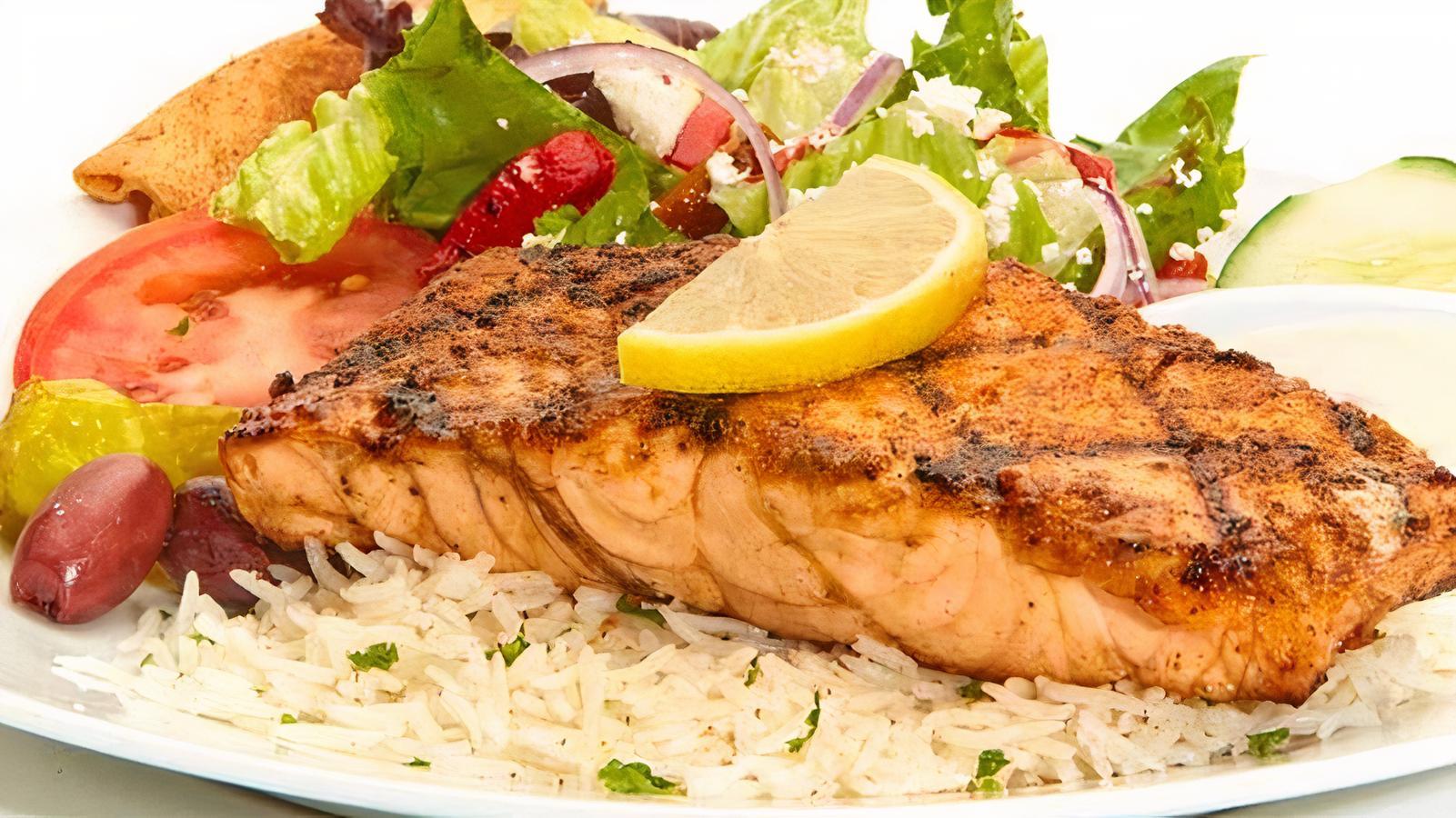 Order Grilled Salmon Feast food online from Tazikis Mediterranean Cafe store, Denver on bringmethat.com