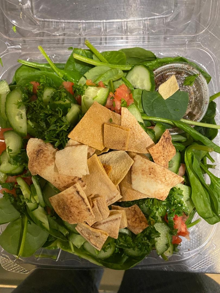 Order Meduim Fattouch Spinach Salad food online from La Fresh Mediterranean Grill store, Plymouth on bringmethat.com