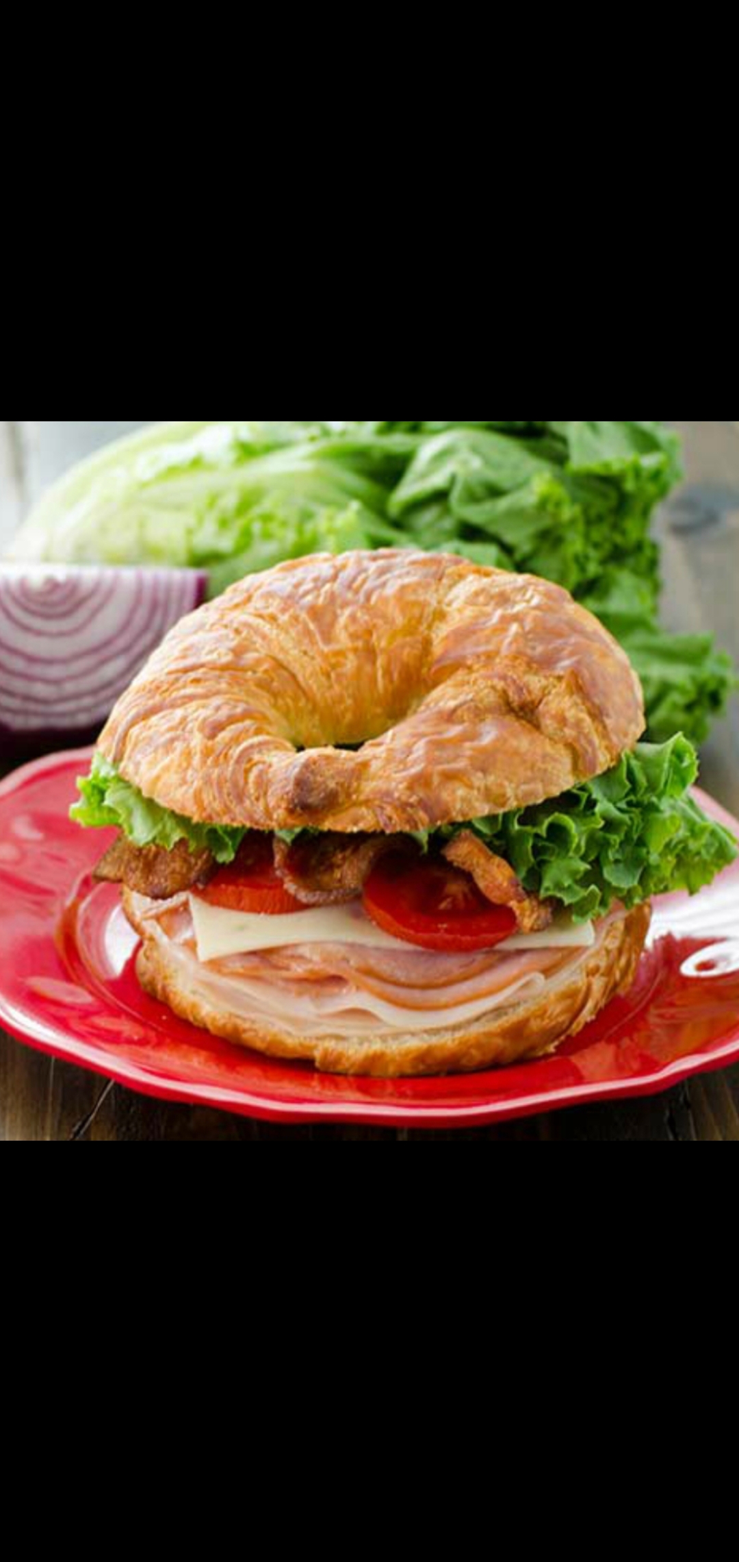 Order Ham & Bacon Cheese Romaine Lettuce & Red Onions Croissant Gourmet Club Sandwich  food online from American Gourmet Foods Deli store, New York on bringmethat.com