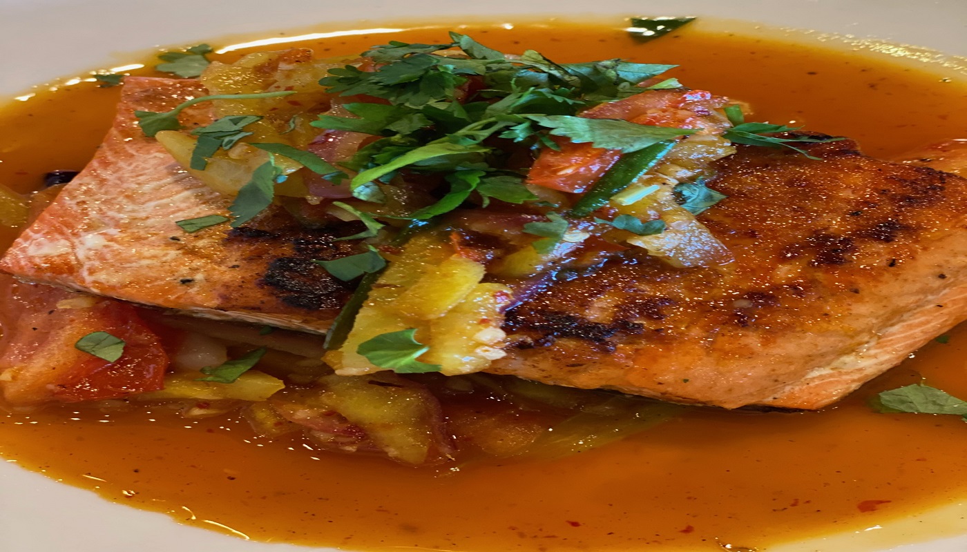 Order Salmon with Pineapple and Tomatoes food online from District 6 store, Louisville on bringmethat.com