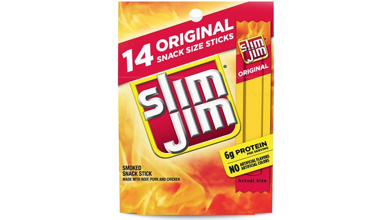 Order Slim Jim Smoked Meat Stick, Original Flavor - 14 Count 3.92 OZ food online from Valero Food Mart store, Murrayville on bringmethat.com