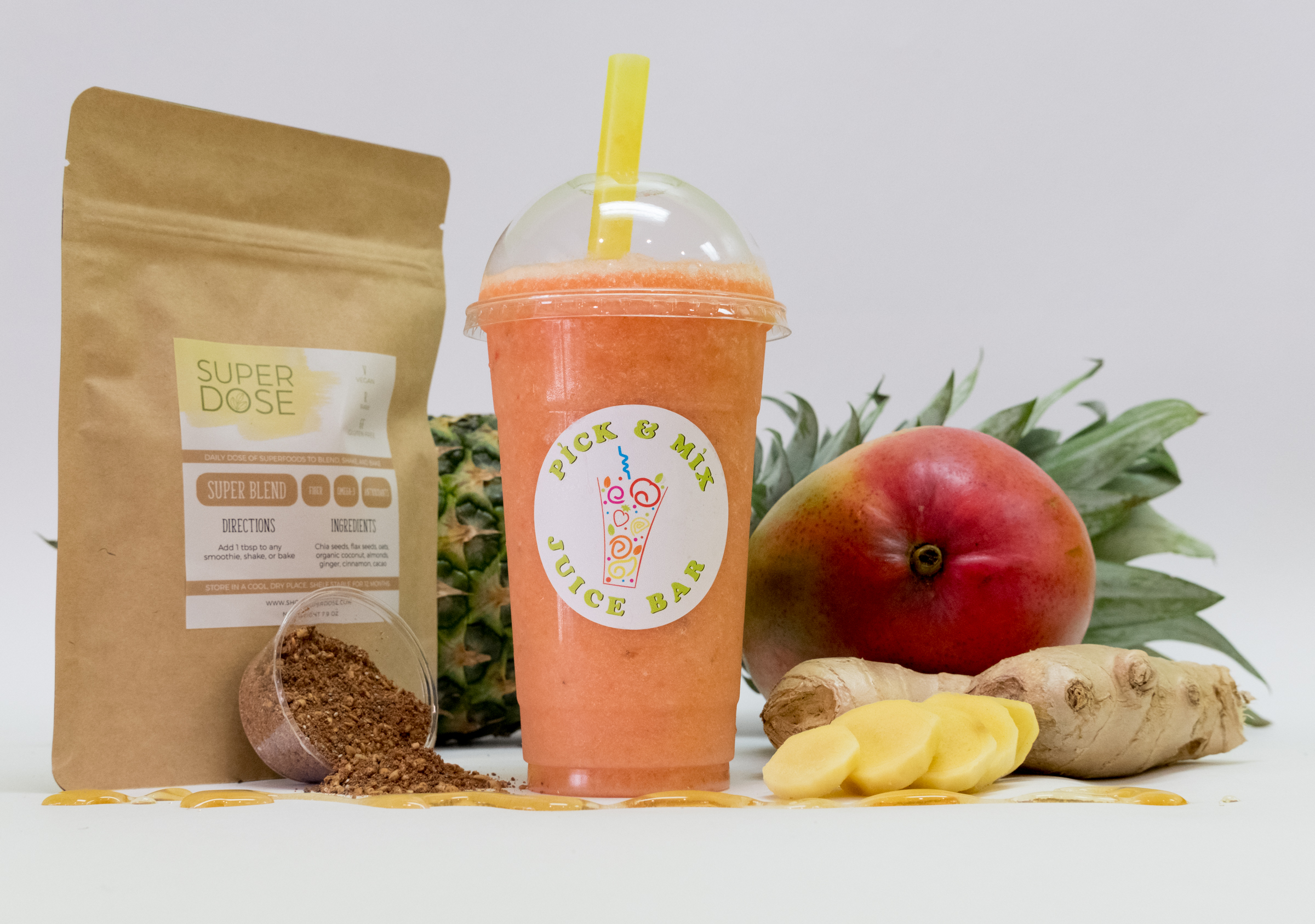 Order S14. Pineapple, Mango, Ginger, Honey and Super Dose food online from Pick & Mix Juice Bar store, Burbank on bringmethat.com