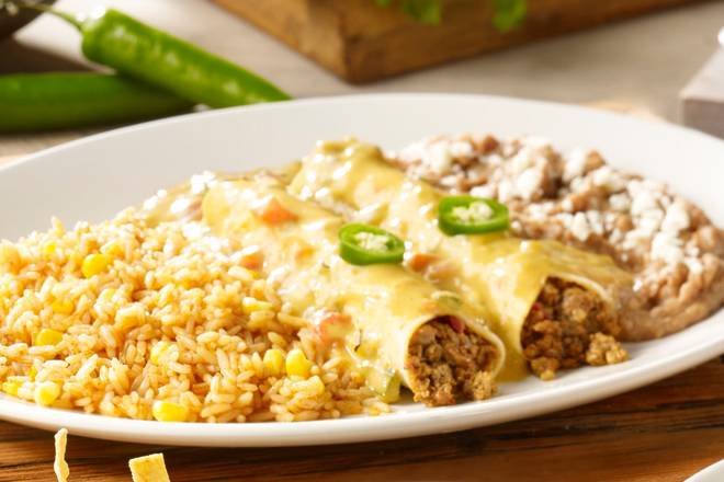 Order Border Queso Beef Enchiladas food online from On The Border Mexican Grill store, Colorado Springs on bringmethat.com