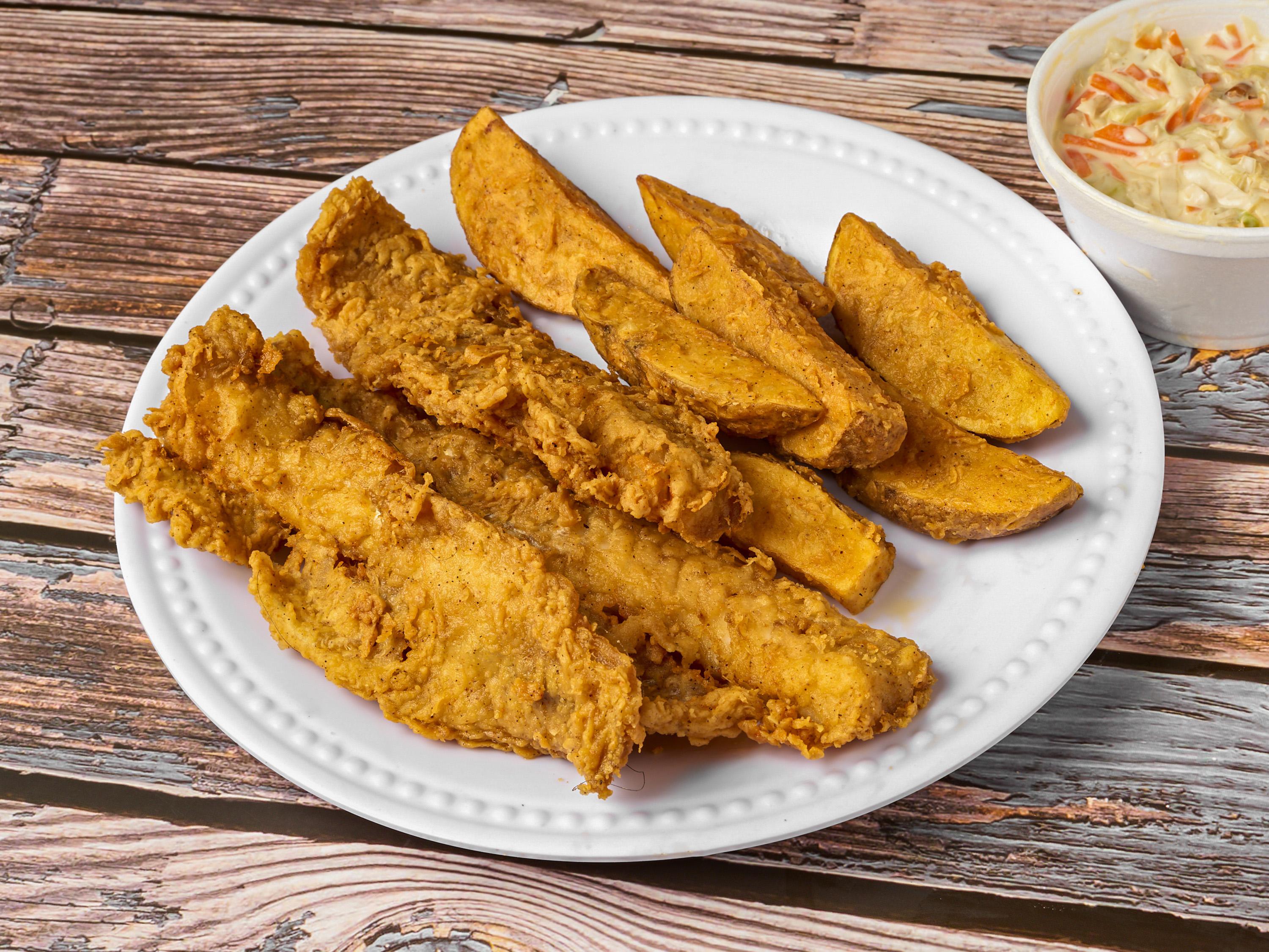 Order 5 fish with side and 4 of wedge food online from Chester Chicken store, La Porte on bringmethat.com