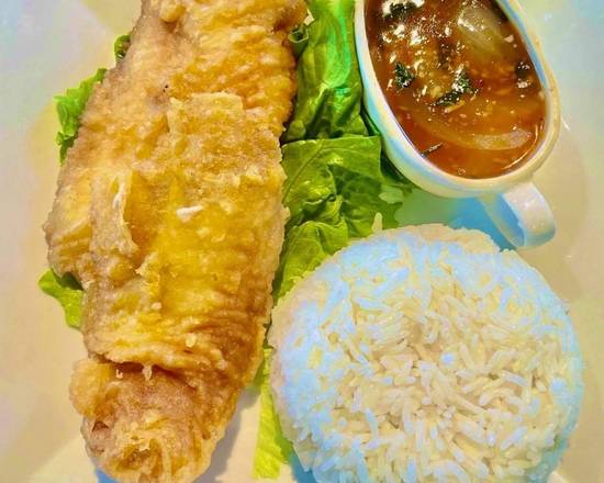 Order Fried Sole Fillet Fish w/ Rice food online from Pho-Ology store, Whittier on bringmethat.com