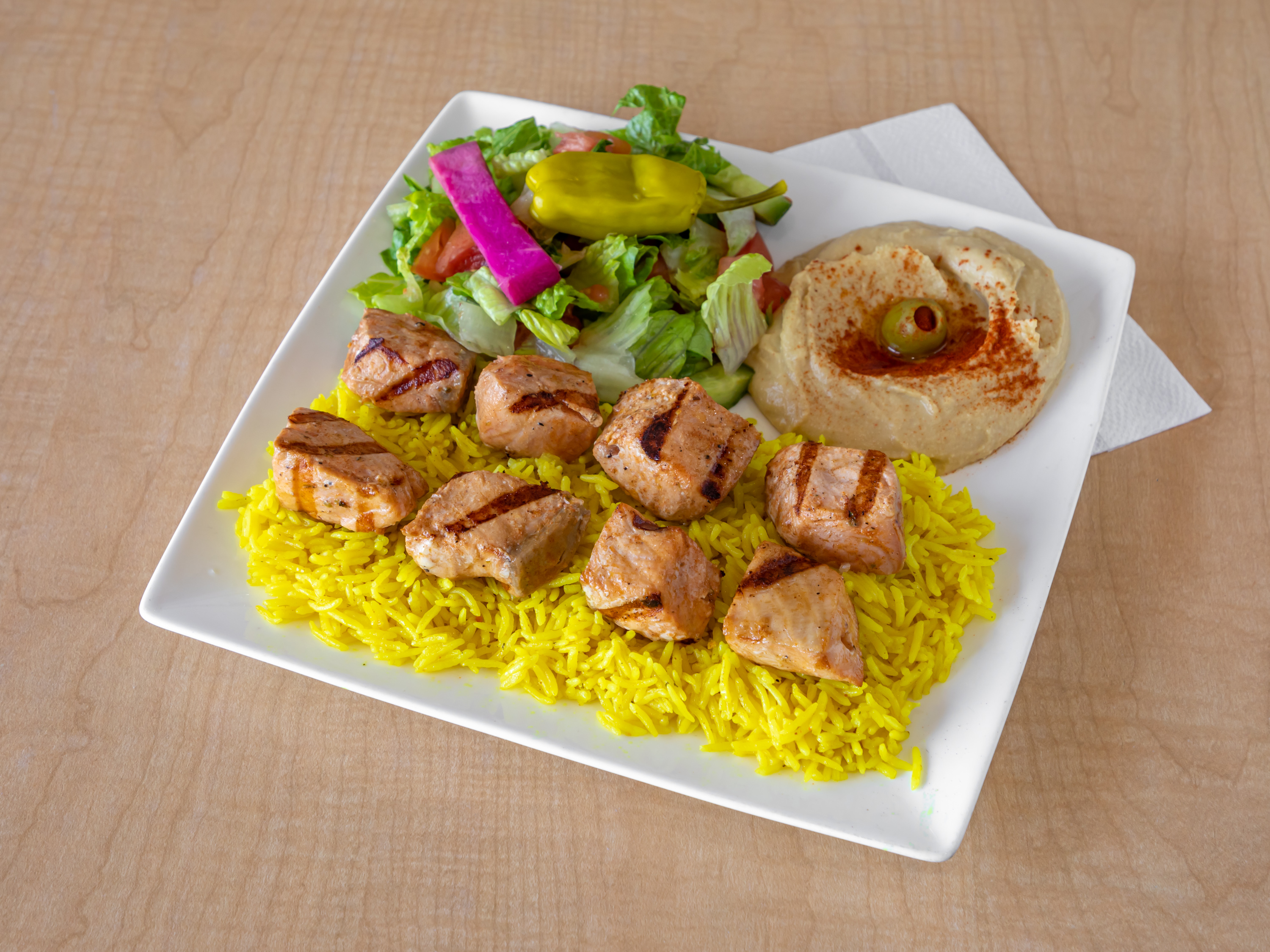 Order Salmon Kabob Plate food online from Golden Olive store, Huntington Beach on bringmethat.com