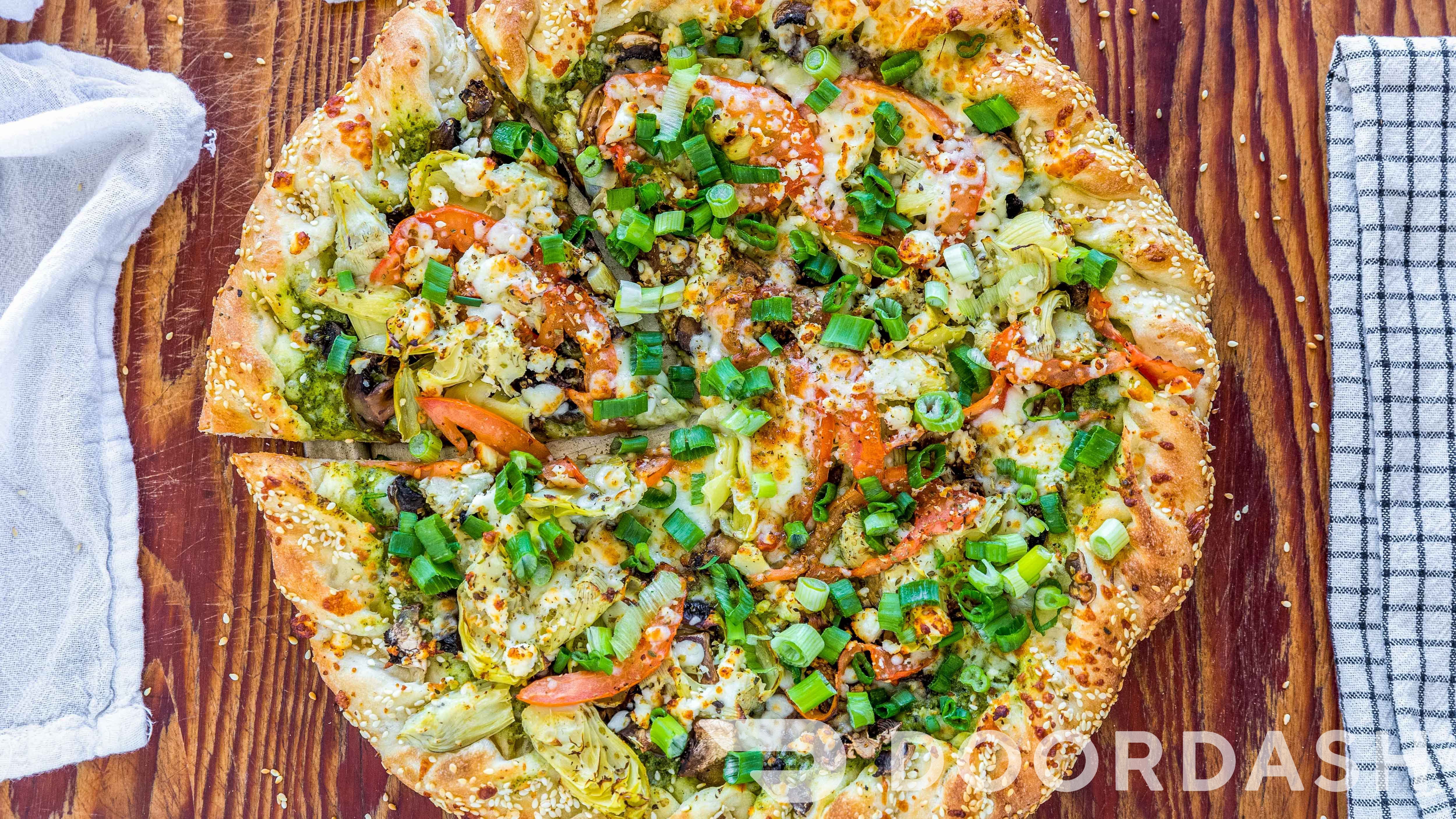 Order Veggie Pesto Pizza - Personal 8" food online from Antelope Market store, Antelope on bringmethat.com