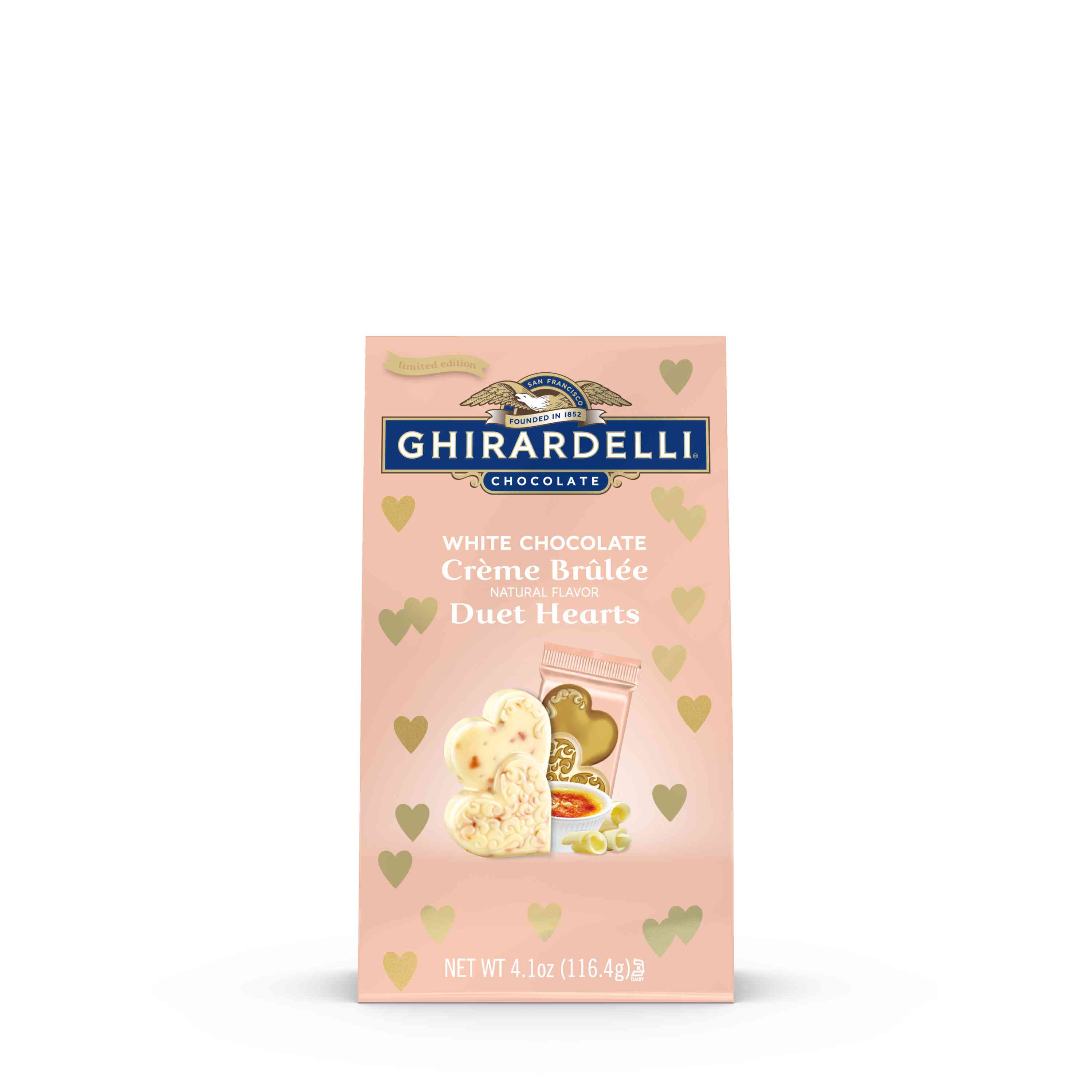 Order Ghirardelli White Chocolate Crème Brulee Duet Hearts Bag - 4.1 oz food online from Rite Aid store, MILLER PLACE on bringmethat.com