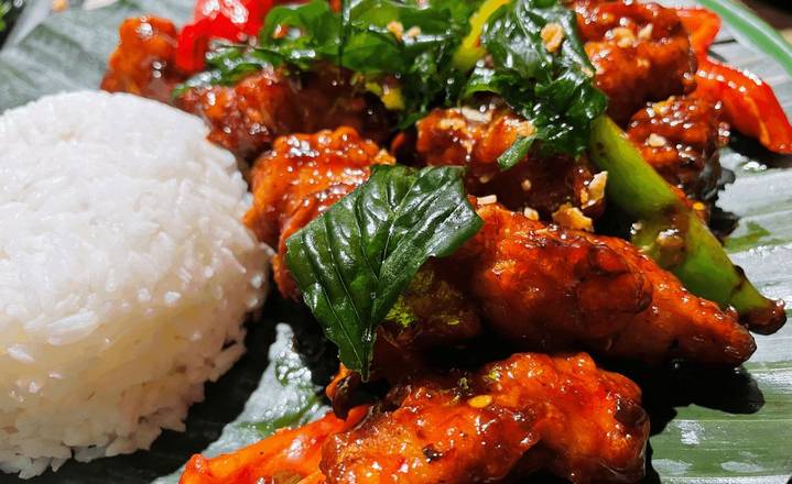Order Crispy Spicy Chicken with White Rice food online from Djan's store, Seattle on bringmethat.com