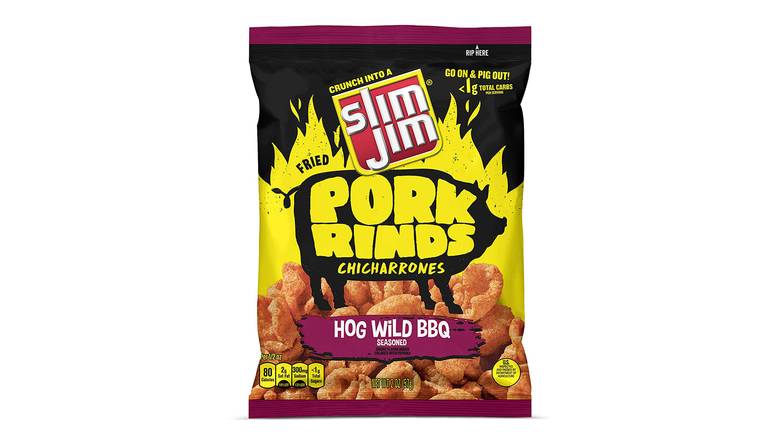 Order Slim Jim Pork Rinds Hog Wild Bbq -  12 Count 2 OZ food online from Valero Food Mart store, Murrayville on bringmethat.com