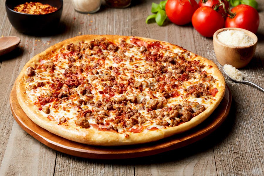 Order Six Meat Pizza - Small 9" food online from Simple Simon's Pizza store, Checotah on bringmethat.com