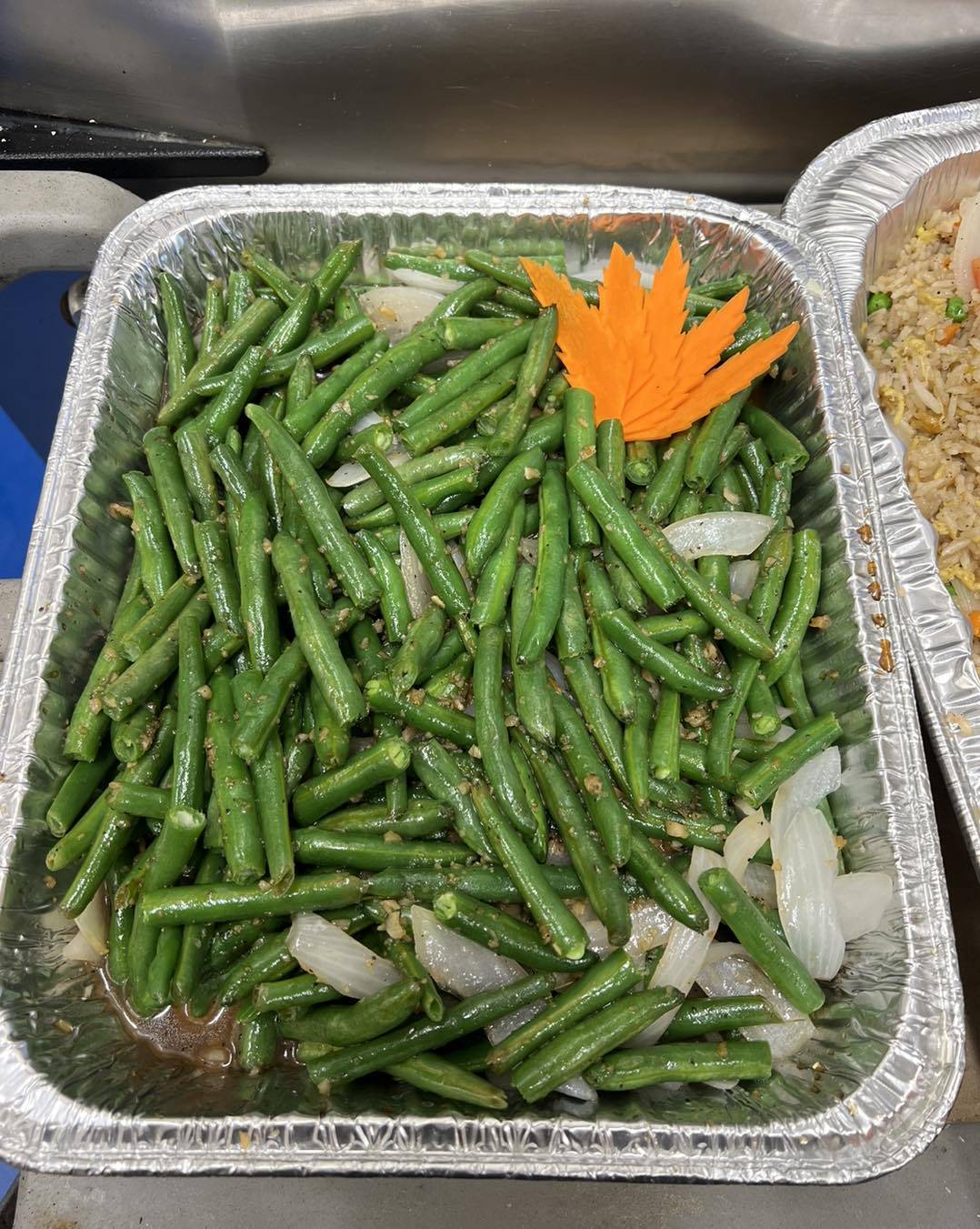 Order Sauté green bean and onion Tray (Serving 8-10 persons) food online from Sa-Wad-Dee Thai Restaurant store, Meridian on bringmethat.com