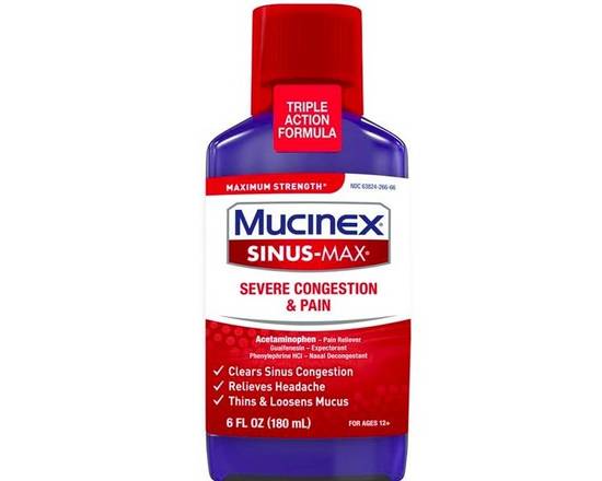 Order Mucinex Sinus-Max Severe Congestion and Pain 6 oz food online from McLean Ave Pharmacy store, Yonkers on bringmethat.com