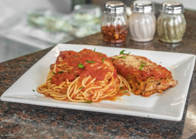 Order Pasta with Eggplant Parmigiana food online from Rocco pizza store, Brooklyn on bringmethat.com