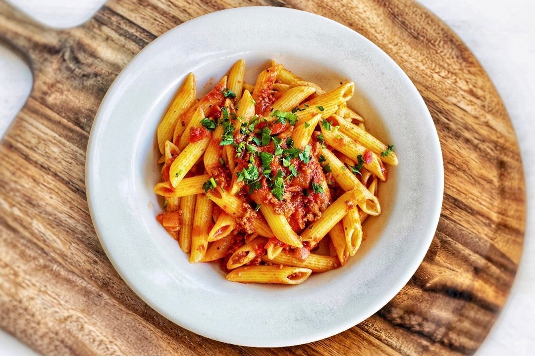 Order PENNE WITH MEAT SAUCE  food online from Freddie Parker's Pasta & Salad Shop store, Menlo Park on bringmethat.com