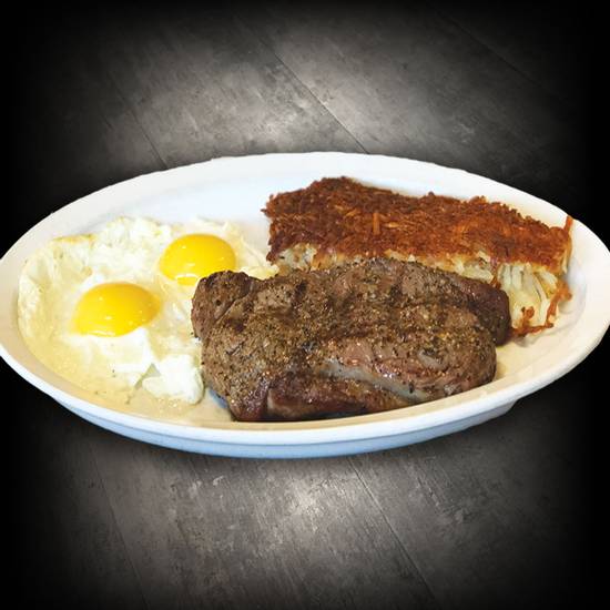 Order Ribeye Steak and Eggs (8 oz) food online from Rusty's Restaurant store, Lake Havasu City on bringmethat.com