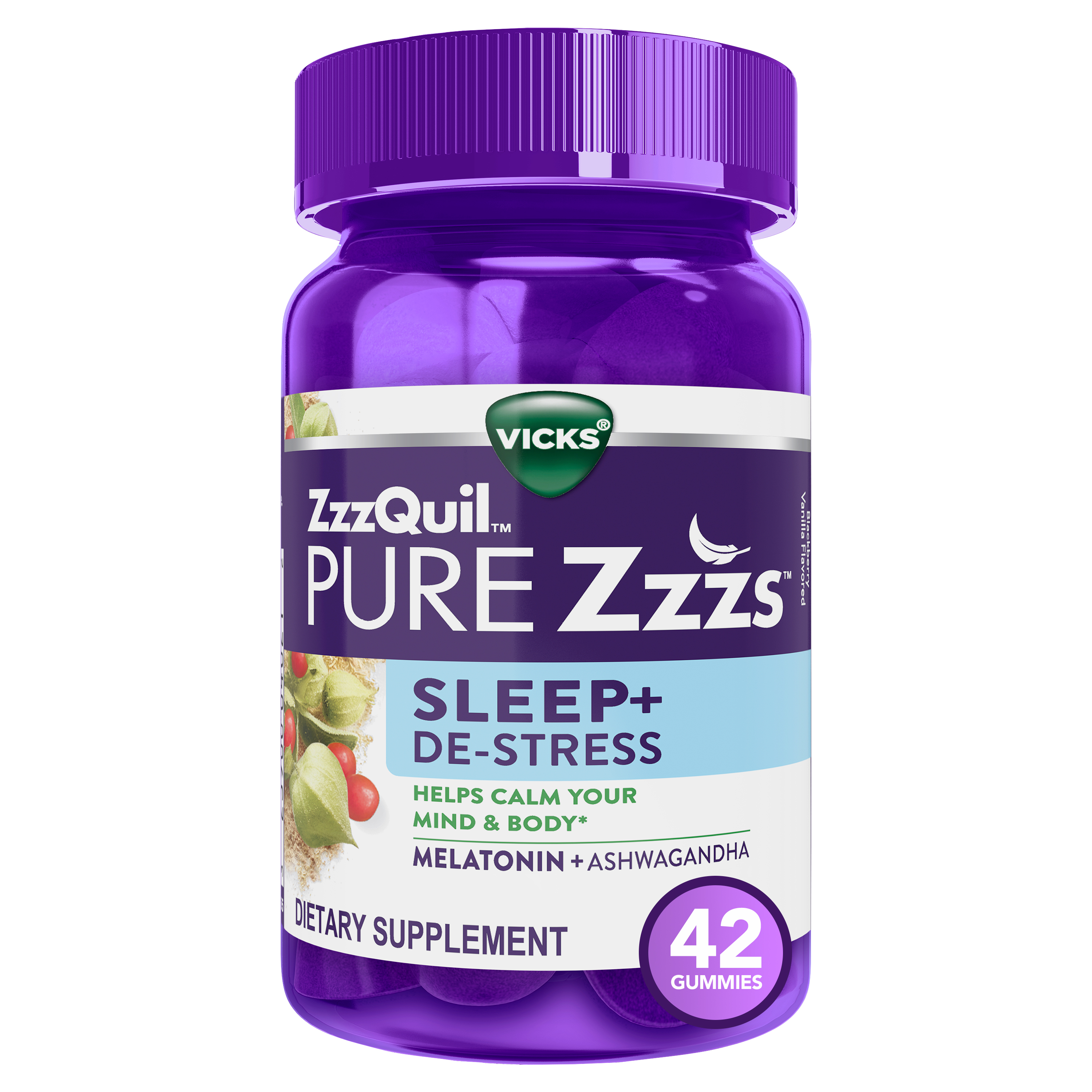 Order Vicks ZzzQuil PURE Zzzs Sleep + De Stress Melatonin Sleep Aid Gummies - 42 ct food online from Rite Aid store, Cathedral City on bringmethat.com