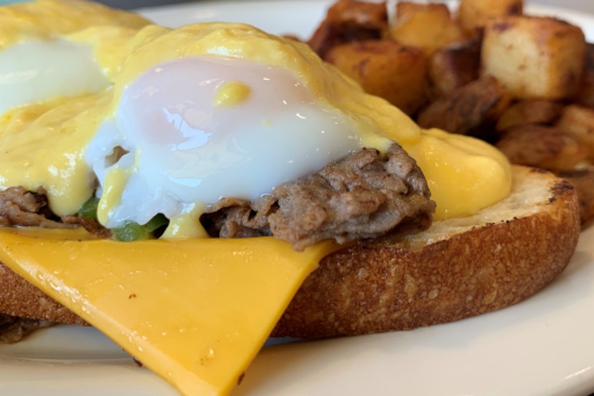 Order Philly Cheese Steak Benedict food online from Eggs Up Grill store, Greenville on bringmethat.com