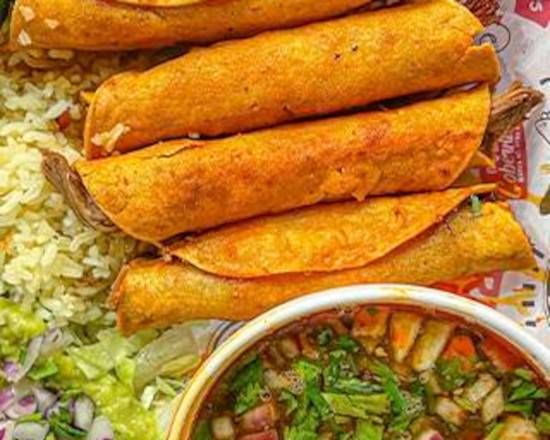 Order BIRRIA ROLLED CRISPY TAQUITOS food online from Palapas Tacos store, Fullerton on bringmethat.com