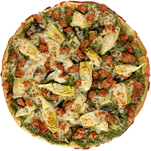 Order Chicken, Sausage, Artichokes & Pesto Pizza - Personal food online from Fresh Brothers Pizza Newport Beach store, Corona Del Mar on bringmethat.com