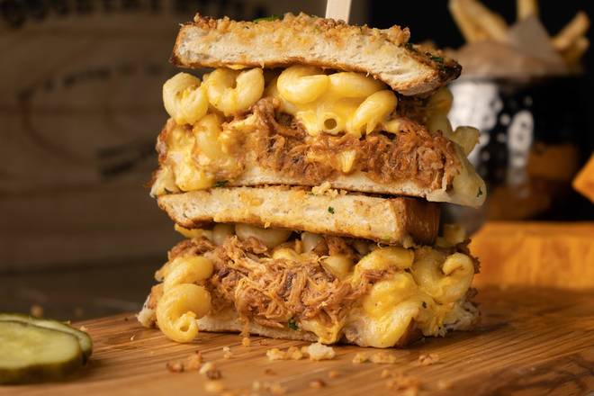Order BBQ Pulled Pork 'Mac & Grilled Cheese' Sandwich food online from Sweet Lou store, Evansville on bringmethat.com