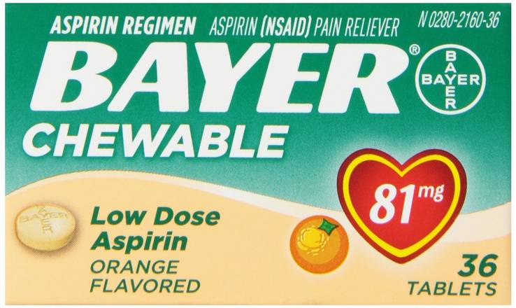 Order Bayer Aspirin Chewable Low Dose Tablets 81mg Orange (36 ct) food online from Rite Aid store, DUBOIS on bringmethat.com
